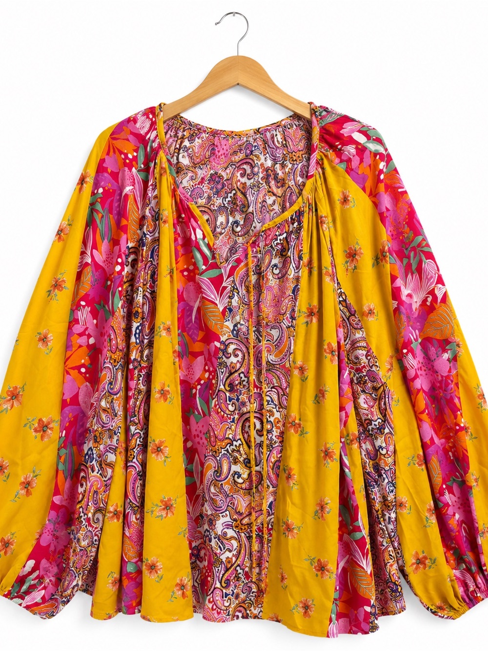 Emily Wonder | Boho Floral Peasant Top in Mustard & Pink